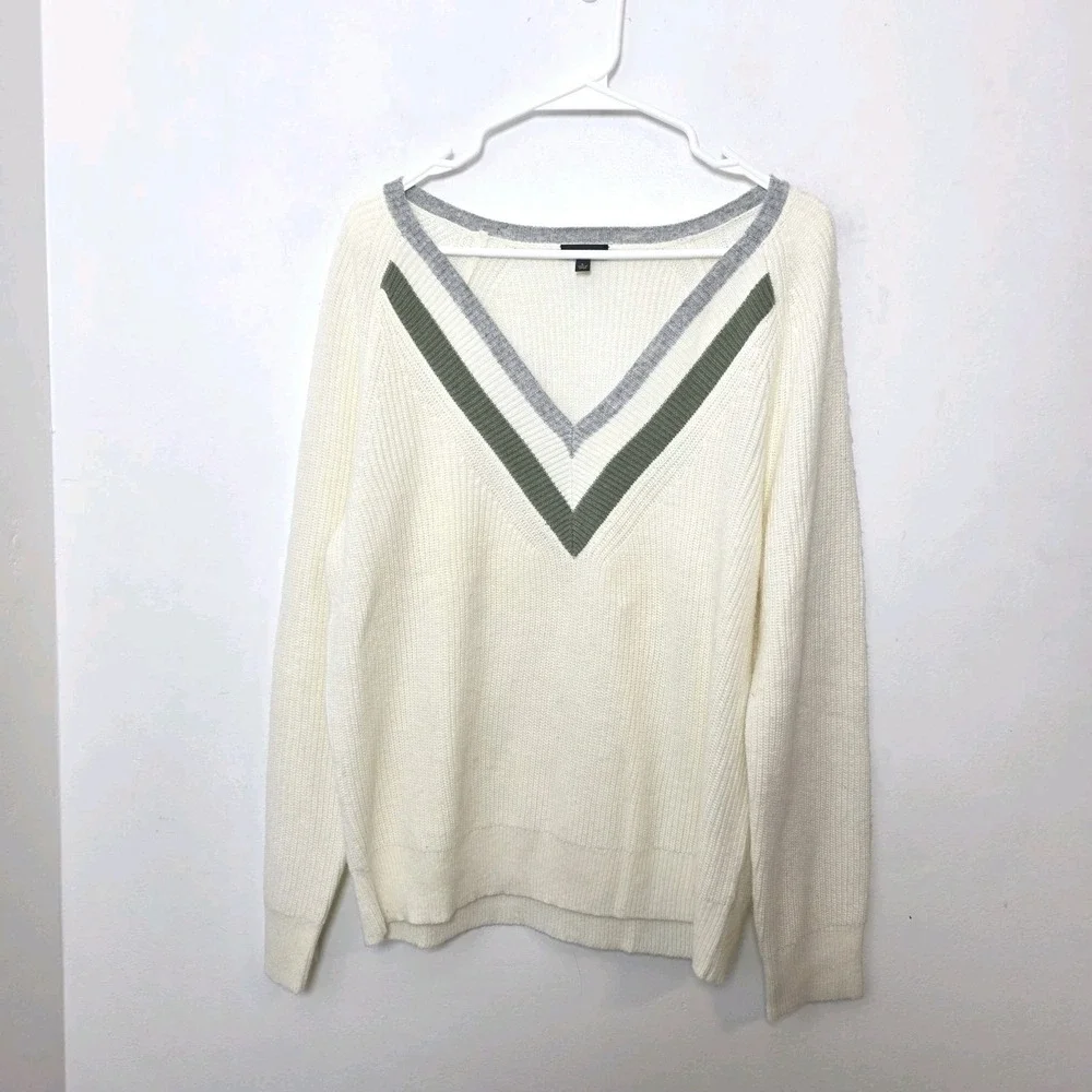 Talbots Cream Colorblock Preppy Classic Soft Business Casual V-Neck Sweater Sz L